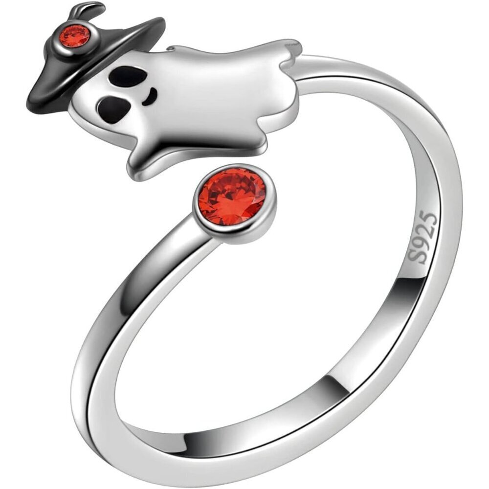 Ghost Halloween Ring Sterling Silver Red Crystal Cute Ghost Jewelry Gifts